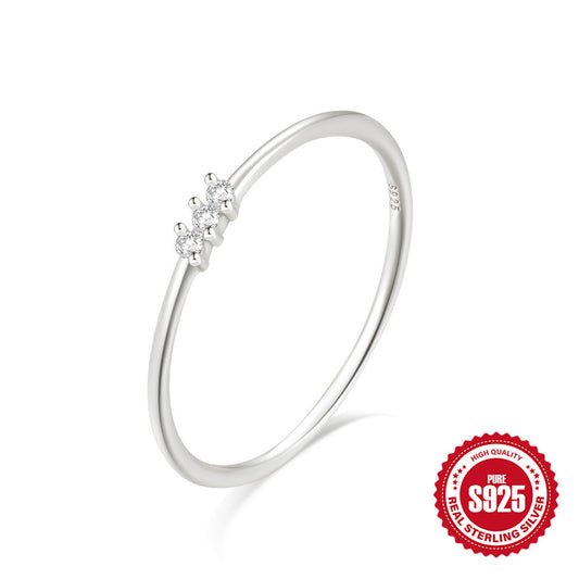 925 Sterling Silver Minimalist Three-Diamond Basic Index Finger Ring